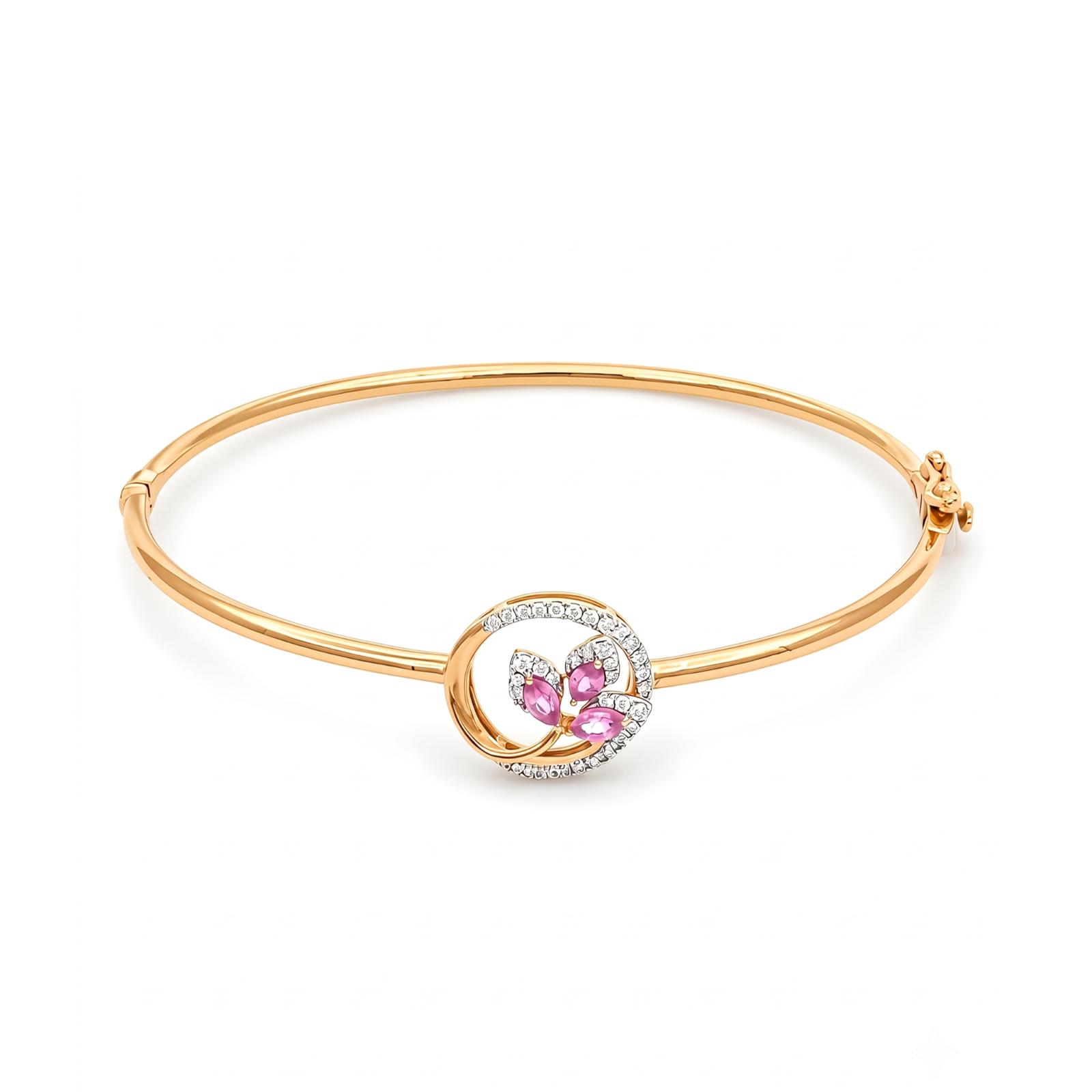 Elegant 18K Yellow Gold Bangle Featuring Beautiful Pink Stone Flower with Sparkling Natural Diamonds - Image 5