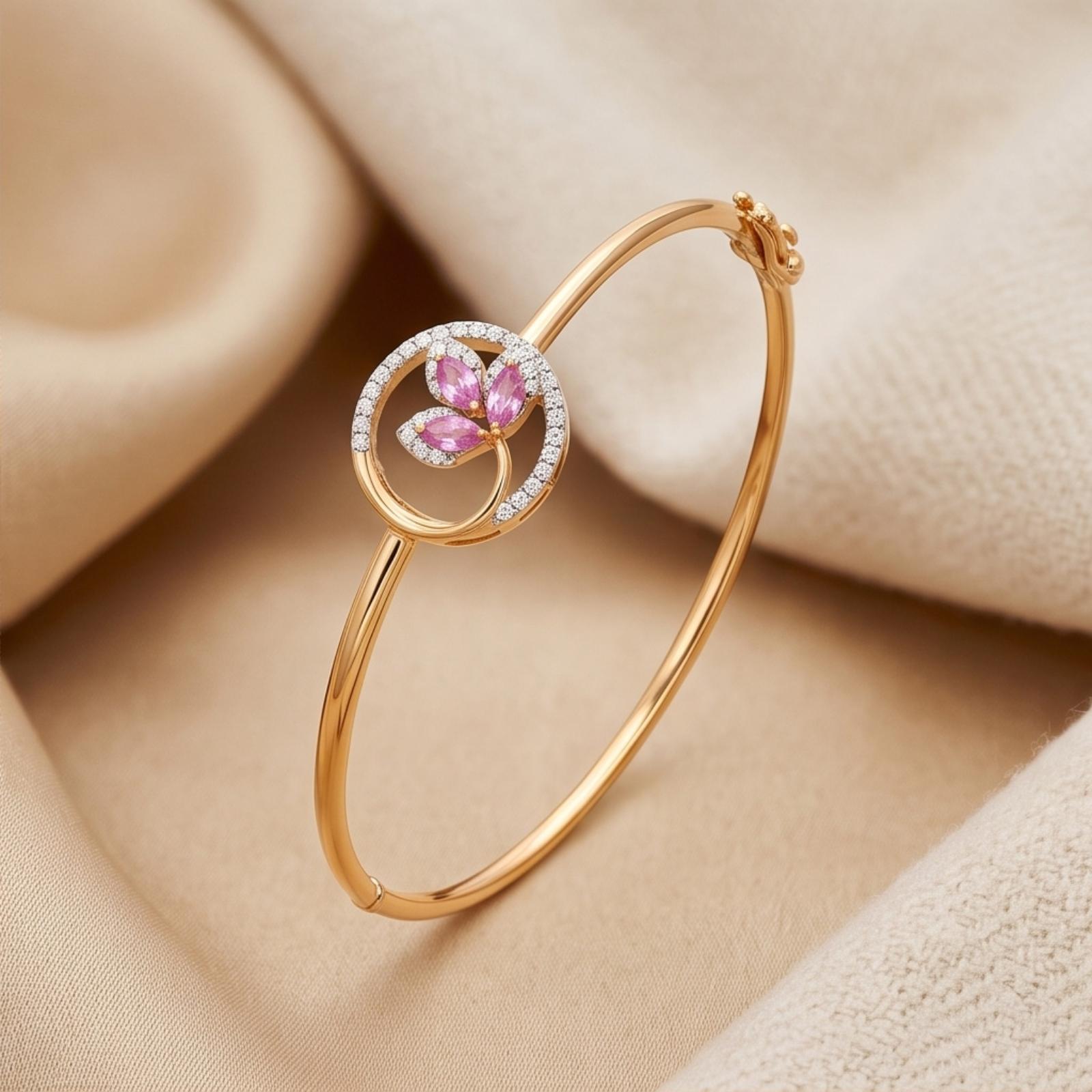 Elegant 18K Yellow Gold Bangle Featuring Beautiful Pink Stone Flower with Sparkling Natural Diamonds